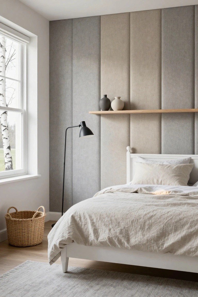 Bedroom corner with vertical fabric panels in gray and beige tones on one wall, white wood bed frame with beige linens, black arc floor lamp, oak shelf with ceramic vases, wicker basket, and window showing birch trees outside.