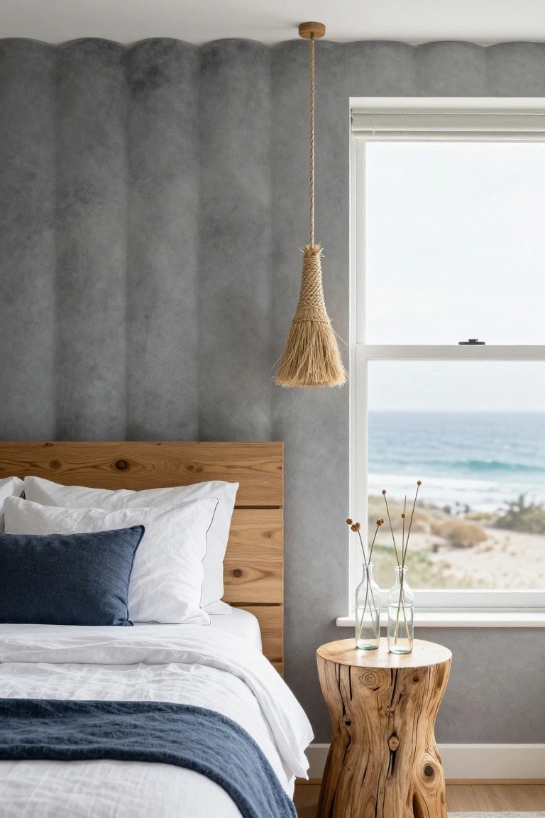 Coastal bedroom with gray walls, wooden bed, rope pendant light, and ocean view.