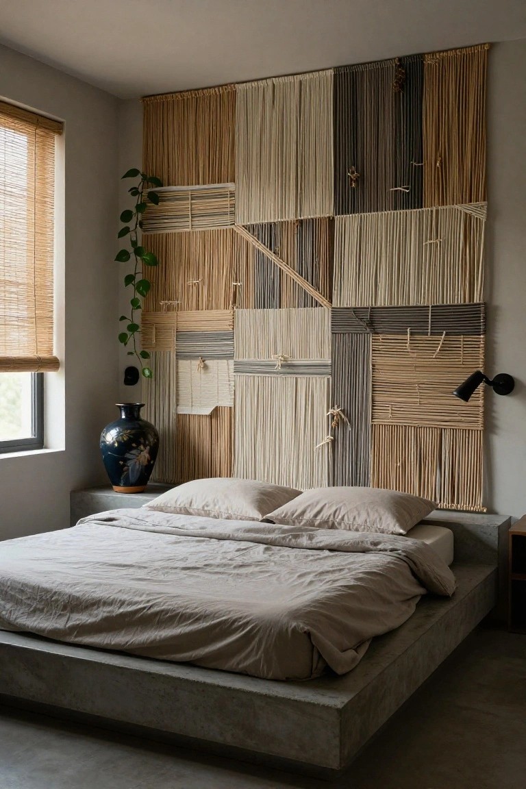 Bedroom interior with a tall patchwork wall hanging of woven natural fibers in beige, tan, gray, and brown tones behind a low platform bed with beige linens, next to bamboo-shaded windows, a potted trailing plant, blue porcelain vase, and black wall lamp.