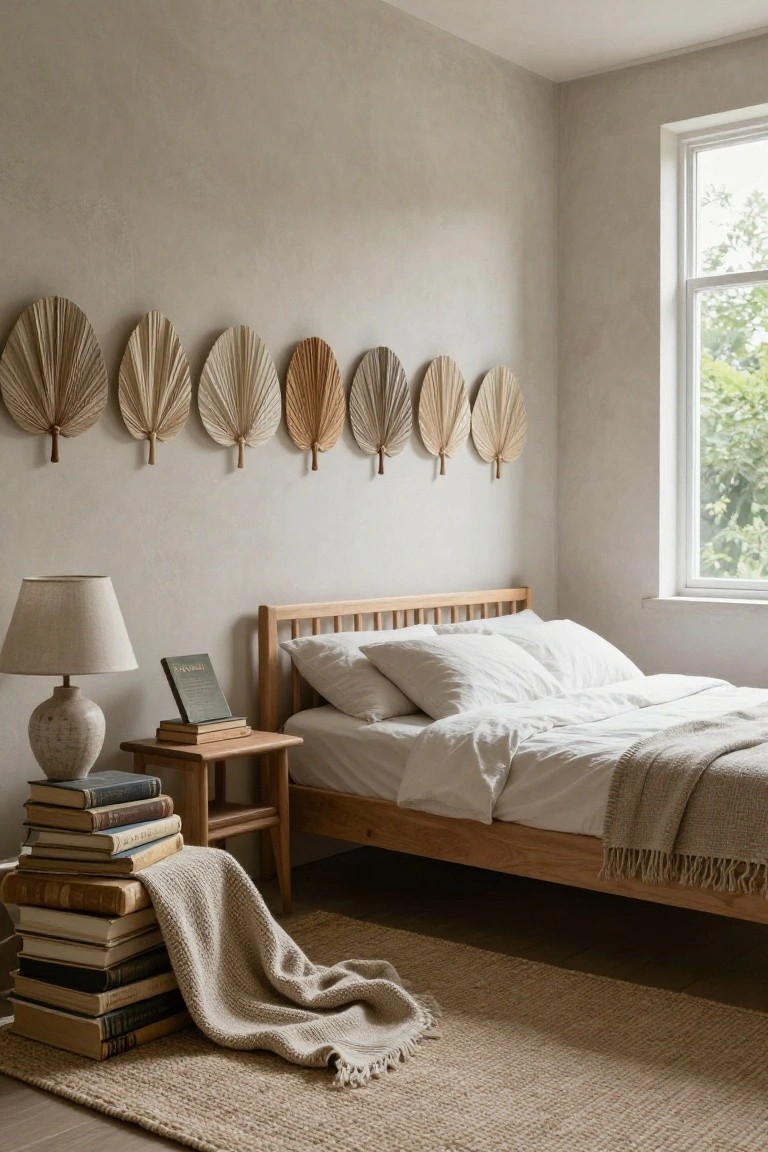 Bedroom corner with light wooden bed, white sheets and pillows, nightstand holding lamp and stacked books, seagrass rug on floor, and row of woven palm leaf fans mounted on beige wall next to window with greenery outside.