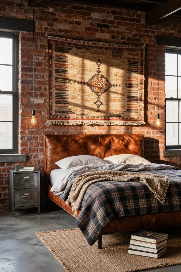 Bedroom interior with exposed brick walls, large woven tapestry hanging above brown tufted leather bed, gray sheets with knit throw and plaid blanket, metal bedside table with mug and books, pendant lights, jute rug on concrete floor.