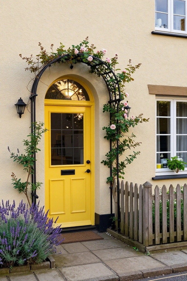 Cream-colored cottage exterior with a bright yellow paneled front door under an arched window, framed by a black metal trellis covered in pink climbing roses, purple lavender plants to the side, a lantern light, black letterbox, and wooden picket fence.