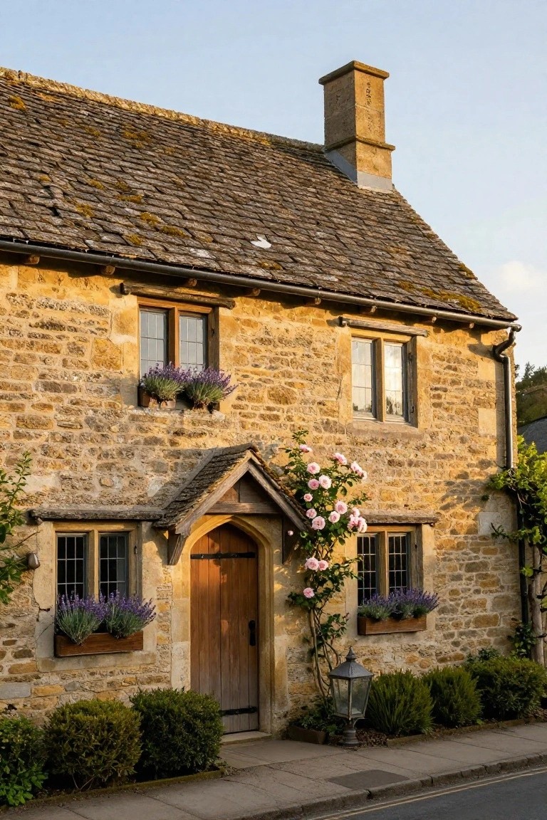 Two-story golden stone cottage with mossy tile roof, arched wooden front door under gabled porch, lavender in window boxes, climbing pink roses, shrubs, and street lantern on paved sidewalk.