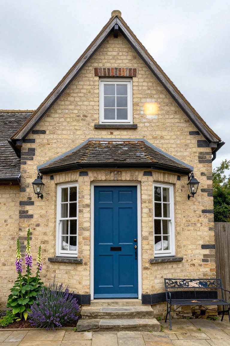 Front exterior of a two-story buff brick cottage with gabled roof, blue front door flanked by white sash windows under a bay porch, lantern lights, foxglove and lavender plants beside stone steps, and an ornate metal bench on a paved path.
