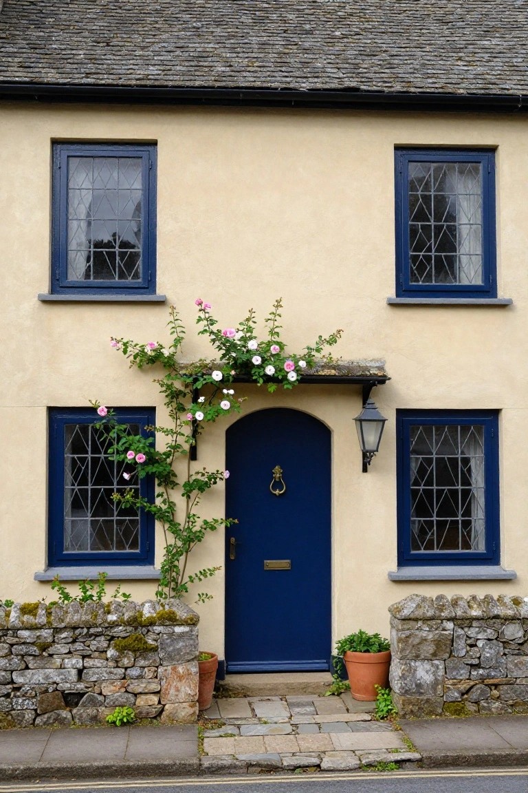 Cream cottage exterior with blue leaded windows, arched blue front door under pink climbing roses, stone boundary walls, and potted plants beside the paved path.