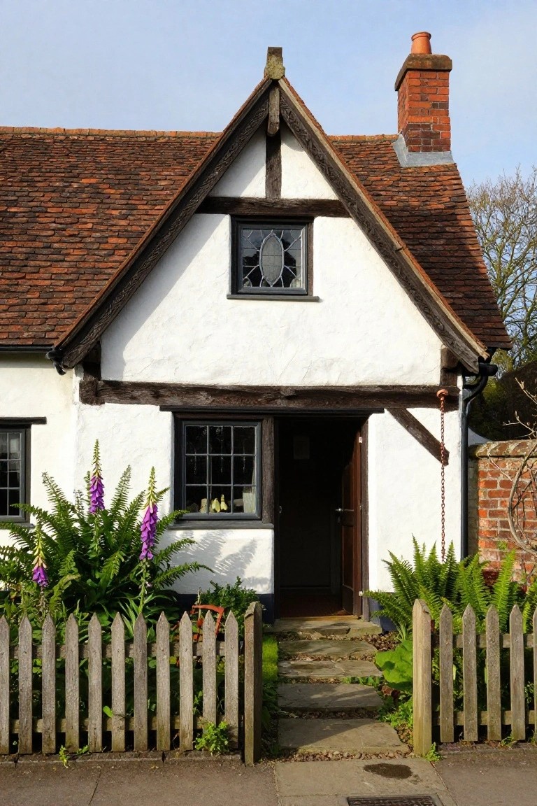 White half-timbered cottage exterior with red tile roof, dark wooden front door, black-framed windows, foxglove plants, ferns, and a wooden picket fence around stone entry steps.