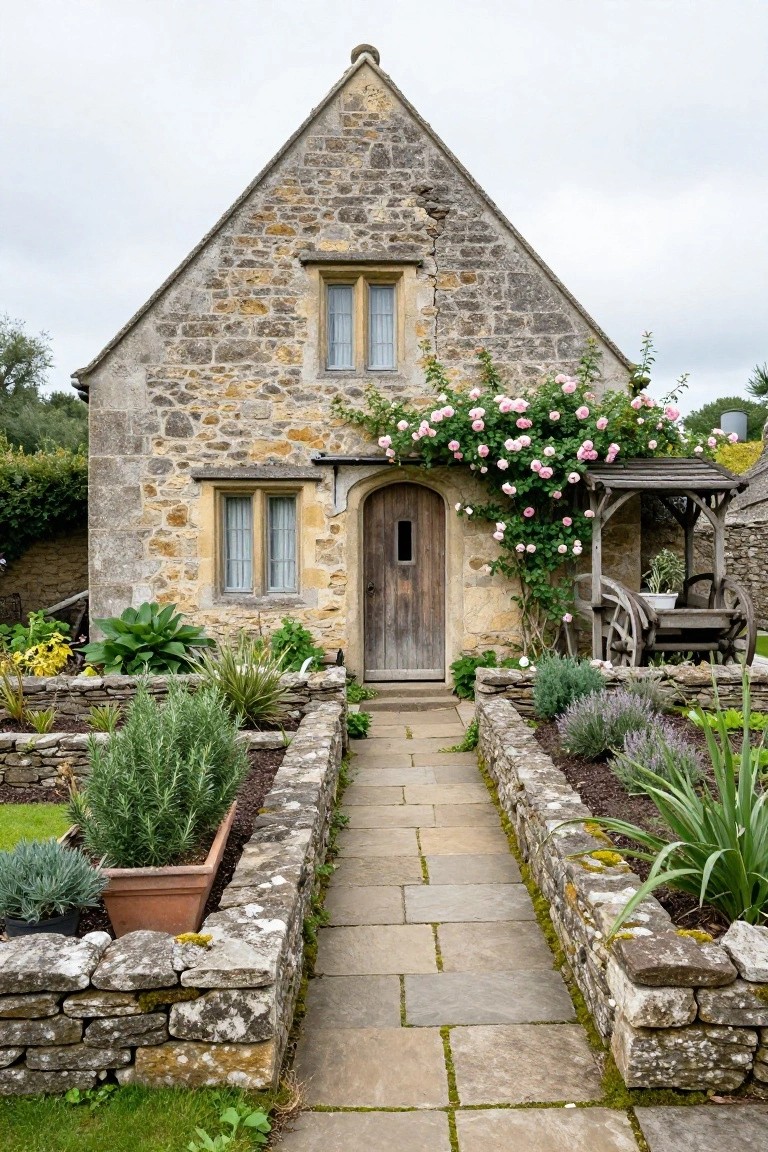 A gabled stone cottage exterior with an arched wooden front door under a timber porch covered in pink climbing roses, flanked by a flagstone path bordered by raised stone garden beds filled with herbs and plants.
