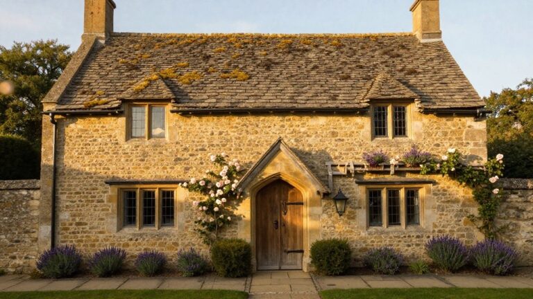 18 Fairytale Cottage Exteriors That Look Straight From a Storybook Two-story golden stone cottage with mossy tile roof, arched wooden front door under gabled porch, lavender in window boxes, climbing pink roses, shrubs, and street lantern on paved sidewalk.