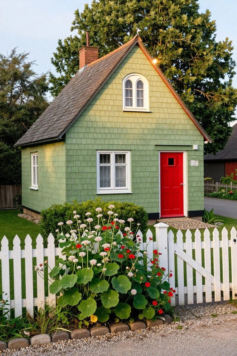 Small green shingle-sided cottage with red front door, white picket fence, flowers in front, and trees nearby.