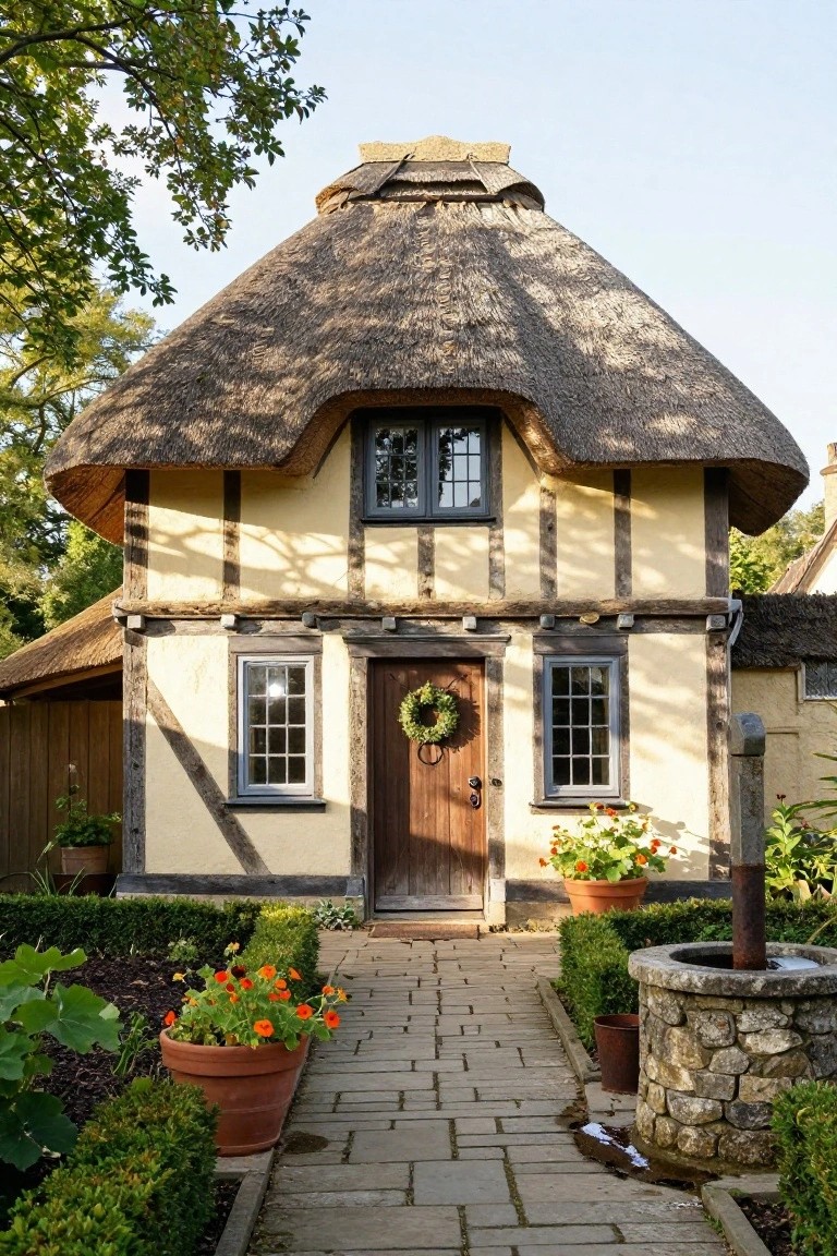 A cream-colored half-timbered cottage with steeply pitched thatched roof, dark wooden front door with evergreen wreath, stone pathway, potted flowers, and stone garden well in front.