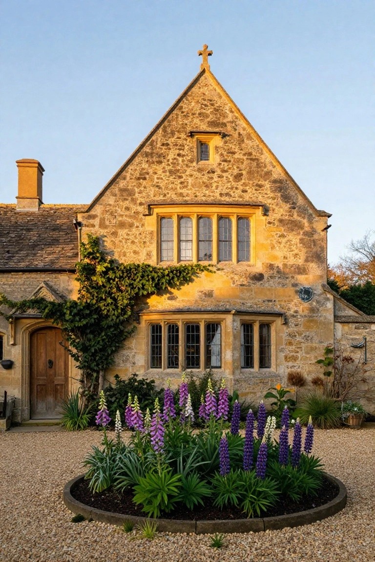 Stone cottage with gabled roof topped by a cross, ivy climbing the walls, leaded windows, wooden arched door, and circular gravel bed planted with purple lupines.