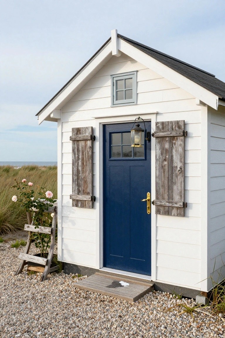 Small white clapboard beach cottage with peaked black roof, gray window, navy blue front door with glass panel and brass handle, weathered wooden shutters, hanging lantern, climbing roses on a wooden ladder, gravel ground, beach grass, and ocean dunes in background.