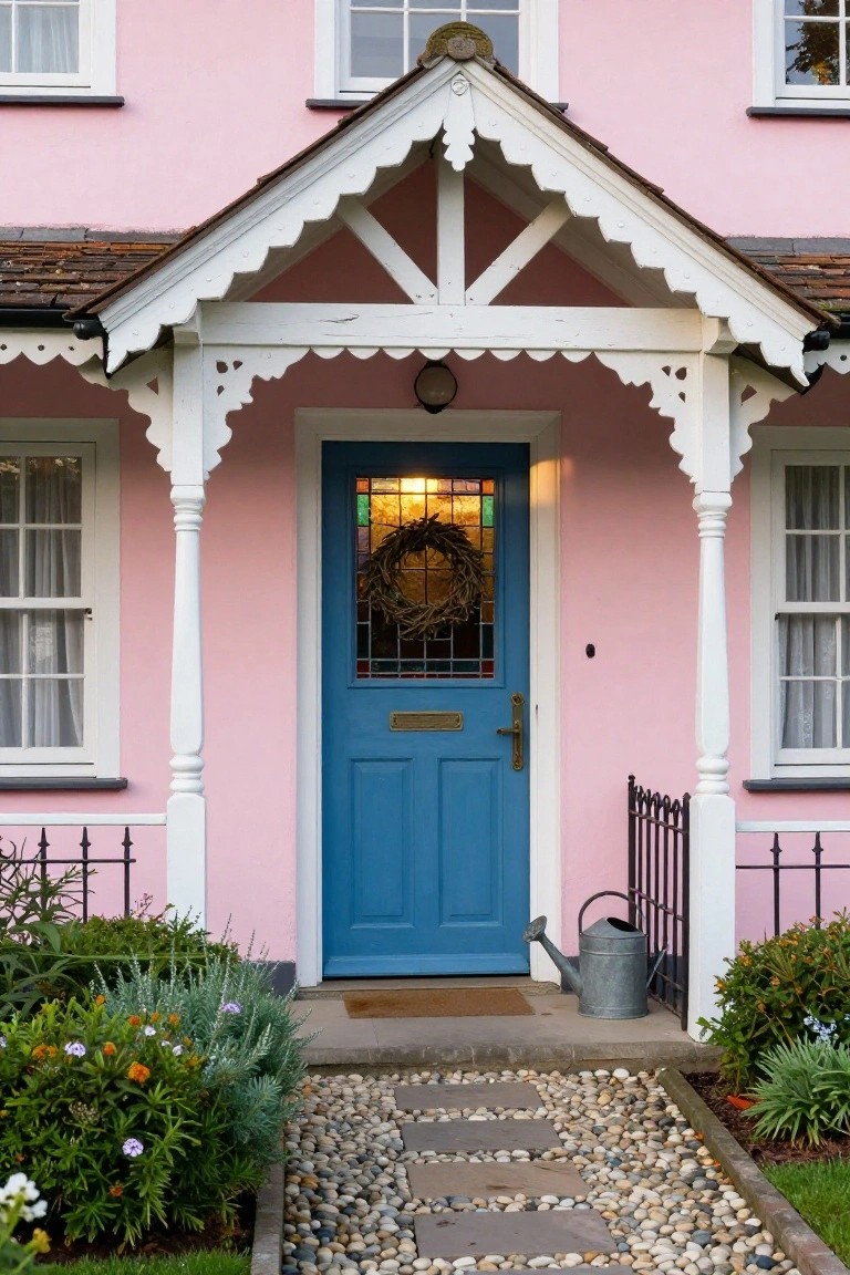 Pink clapboard house exterior with white porch, blue front door featuring stained glass and wreath, flanked by plants and leading to gravel path with stone pavers.