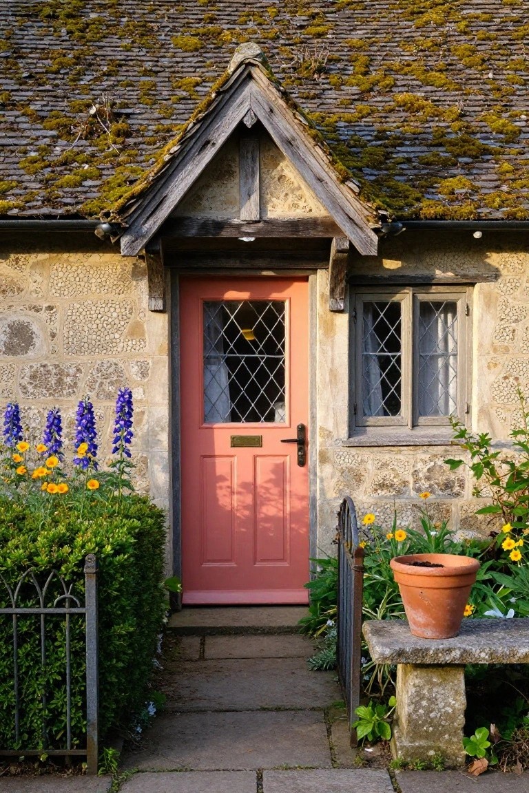 Stone cottage exterior with mossy slate roof, pink front door featuring leaded glass panels, flanked by purple delphinium flowers, yellow blooms, green shrubs, a wrought iron gate, and a terracotta pot on a stone bench.