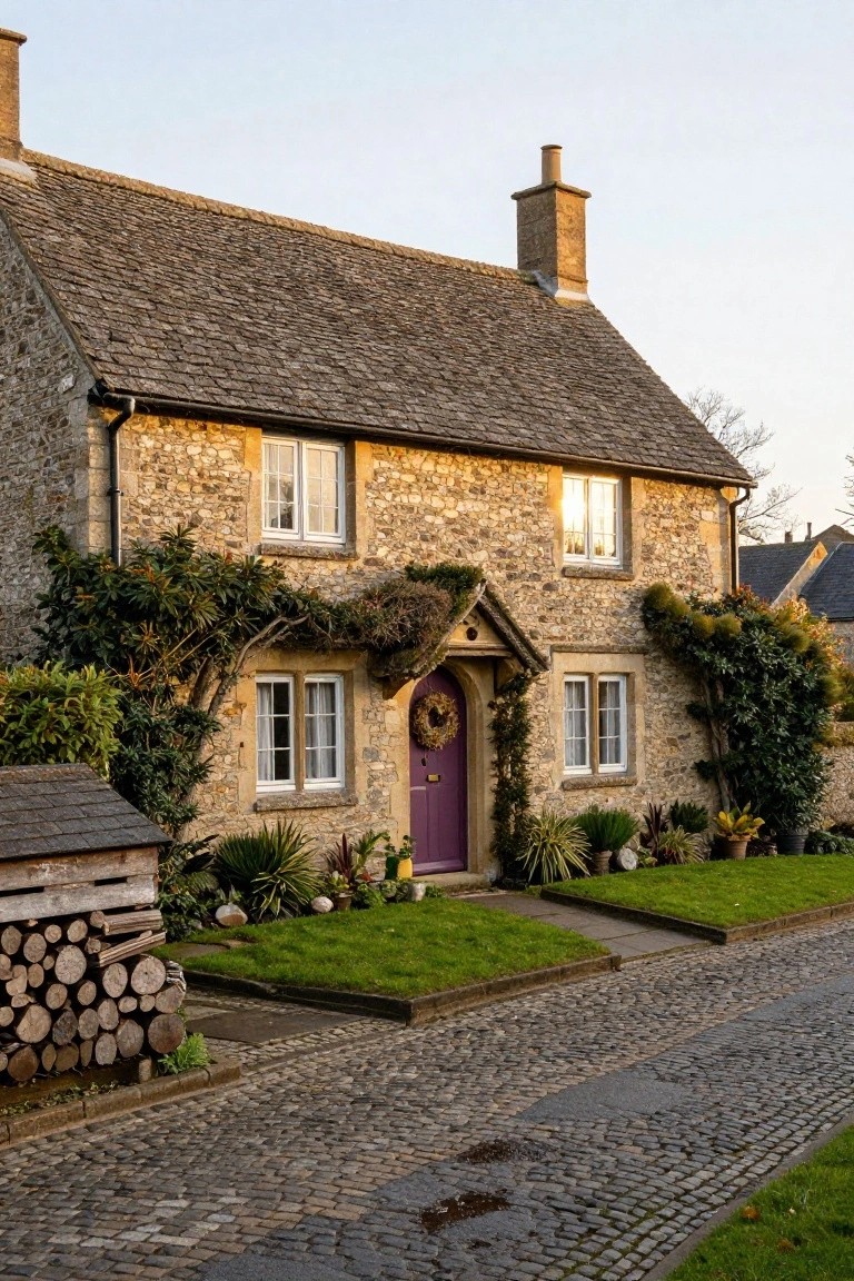 A two-story stone cottage with a purple arched front door, ivy and plants along the facade, a woodpile stack, and a cobblestone path in front.