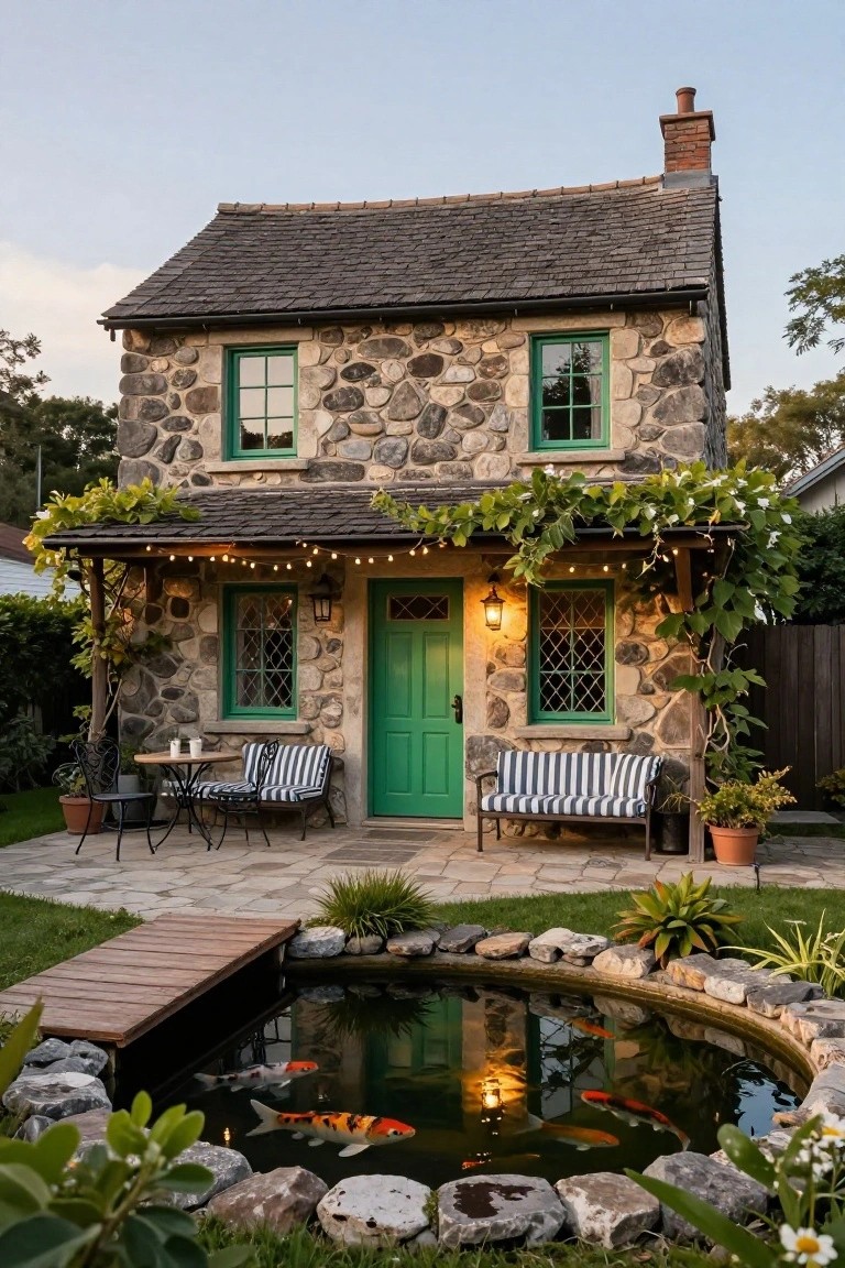 Small two-story cottage built from gray fieldstone with green-trimmed windows and door, covered porch holding striped bench and cafe table, koi pond with wooden footbridge in foreground, plants and string lights around.