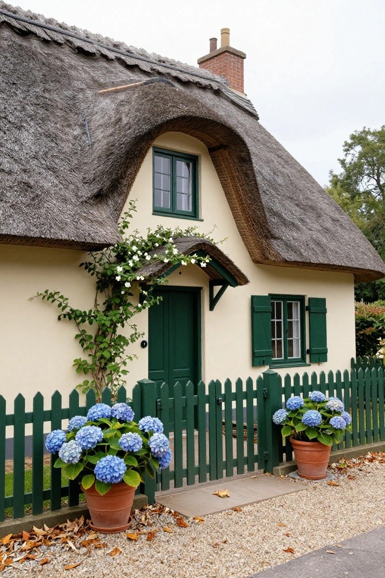 Cream-colored cottage with curved thatched roof, green front door and shutters, climbing white flowers, picket fence, and two large pots of blue hydrangeas in front.