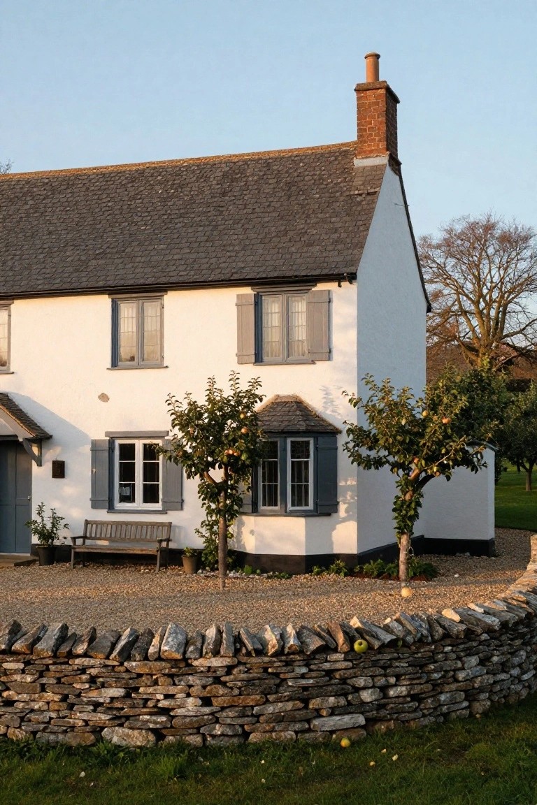 White rendered cottage with dark slate roof, blue shutters on multi-pane windows including a bay window, two apple trees bearing fruit in front, wooden bench on gravel surrounded by dry stone wall, against a green lawn and trees at dusk.
