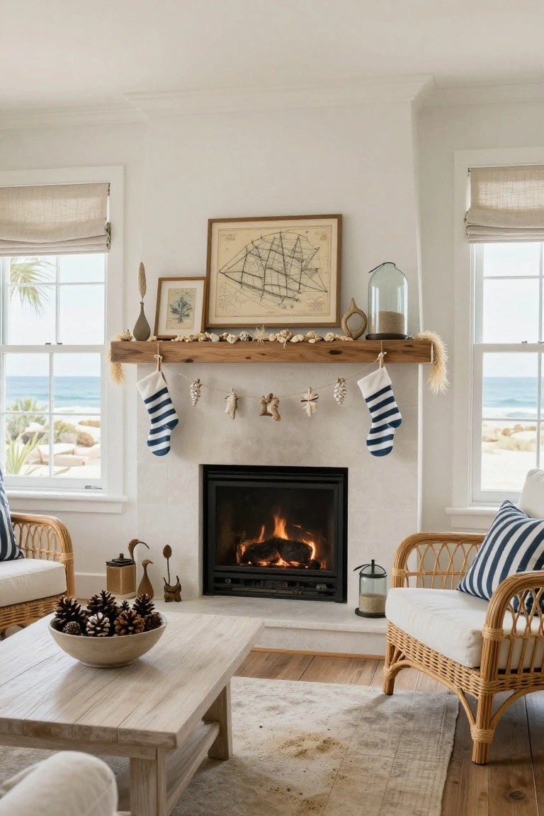 Living room interior with white brick fireplace, wooden mantel decorated with seashell garland, striped stockings, pinecone bowl on coffee table, rattan chairs, and ocean view through linen-shaded windows.
