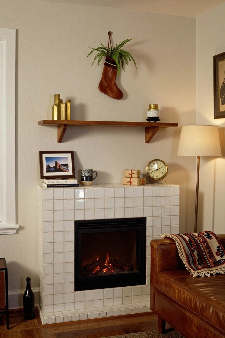 Interior corner of a living room featuring a white tiled fireplace with gas flames, wooden mantel holding wrapped red packages, a gold clock, mug, and photo frames, wood shelves above with gold vases and a candle holder, brown Christmas stocking hanging on the wall with green plant inside, leather sofa with woven throw, lamp, and wine bottle nearby.