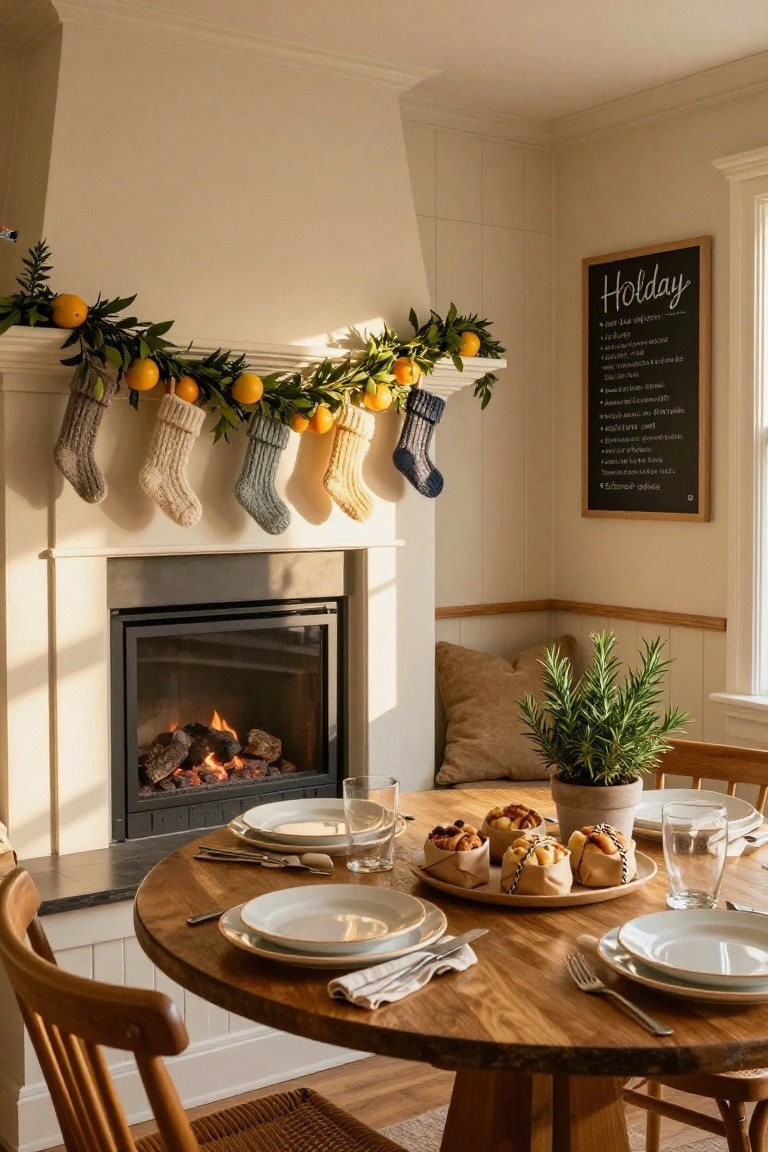 Cozy interior with white brick fireplace topped by colorful knit stockings hanging from an orange and greenery garland, beside a round wooden table set with white plates and buns.