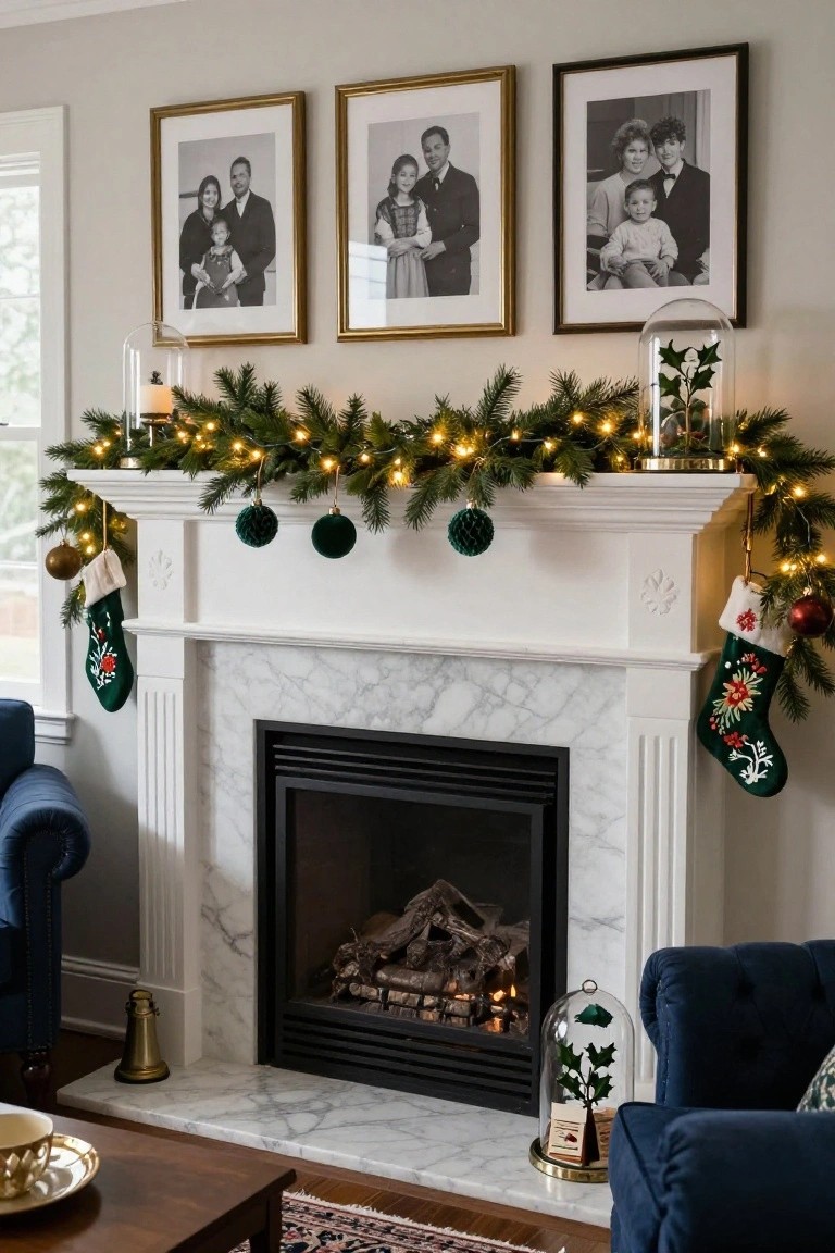 White marble fireplace with gas logs burning, mantel decorated with evergreen garland strung with fairy lights, green velvet and pinecone ornaments, embroidered green stockings hanging from the ends, gold-framed black-and-white family photos on the wall above, and navy chairs nearby.