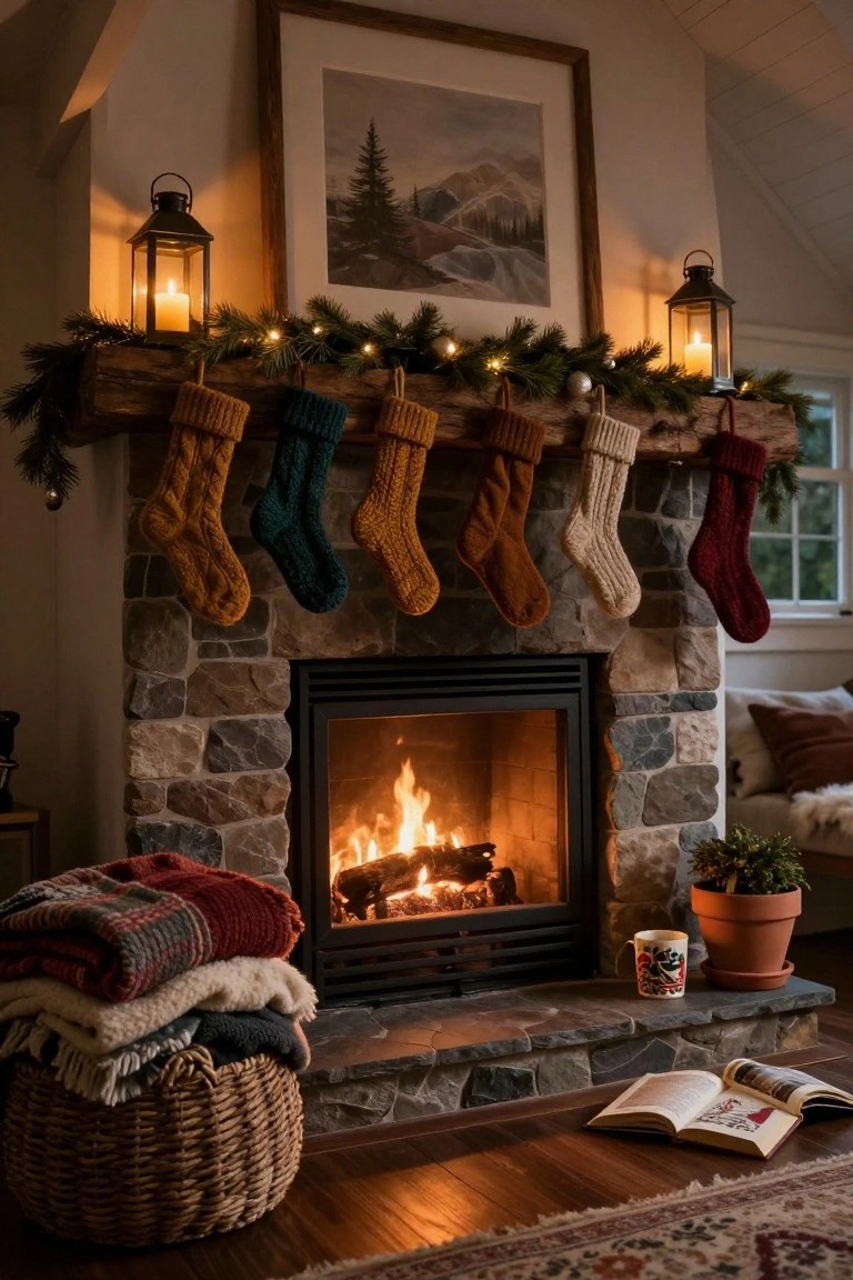 Stone fireplace with colorful knit Christmas stockings in rust, teal, cream, and red hanging from a rustic wooden mantel decorated with evergreen garland and lanterns, blankets in a wicker basket nearby, and an open book on the wooden floor.