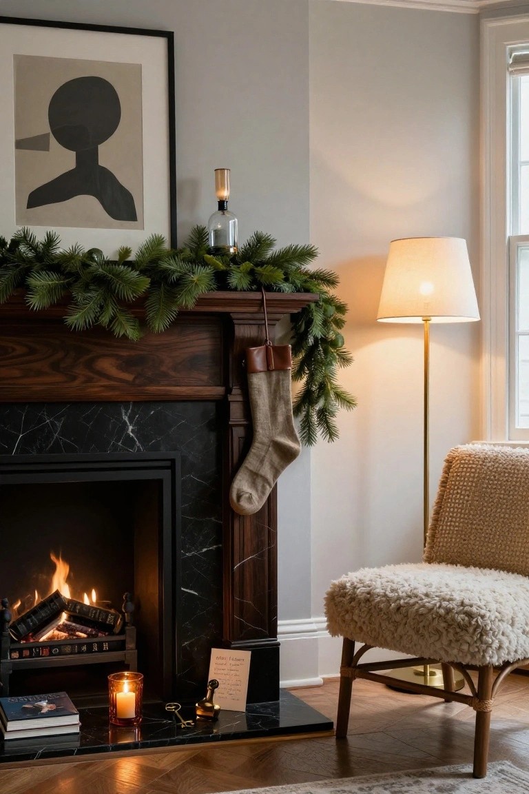 Cozy interior view of a lit fireplace with black marble surround and wood mantel draped in fresh evergreen garland, a tan leather-trimmed stocking hanging from the side, candles and books on the hearth, and a nearby cream sheepskin armchair by a window.