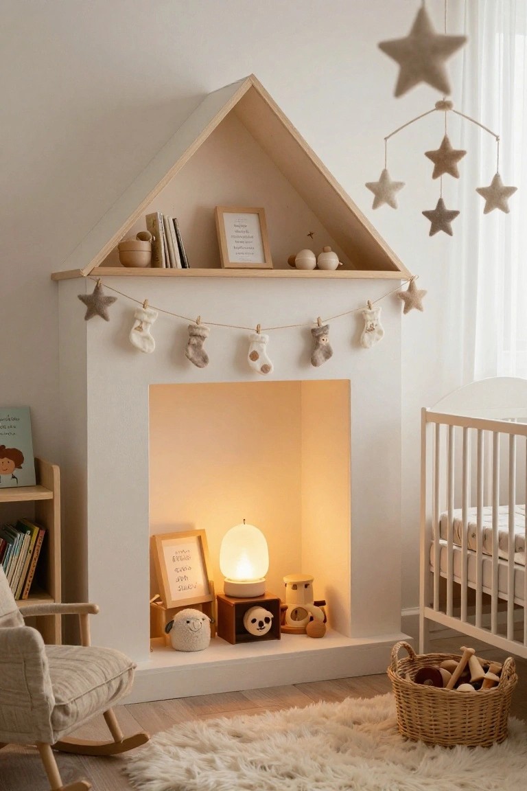 White faux fireplace built into nursery wall with peaked roof shelf holding books and ceramics, hanging felt stockings and star garland, glowing lamp inside, wooden toys, crib, and rocking chair nearby on fluffy rug.