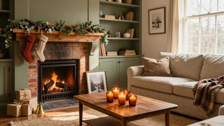 Cozy living room featuring a brick fireplace adorned with stockings and greenery, a wooden coffee table with candles, and a soft sofa, creating a warm holiday atmosphere.