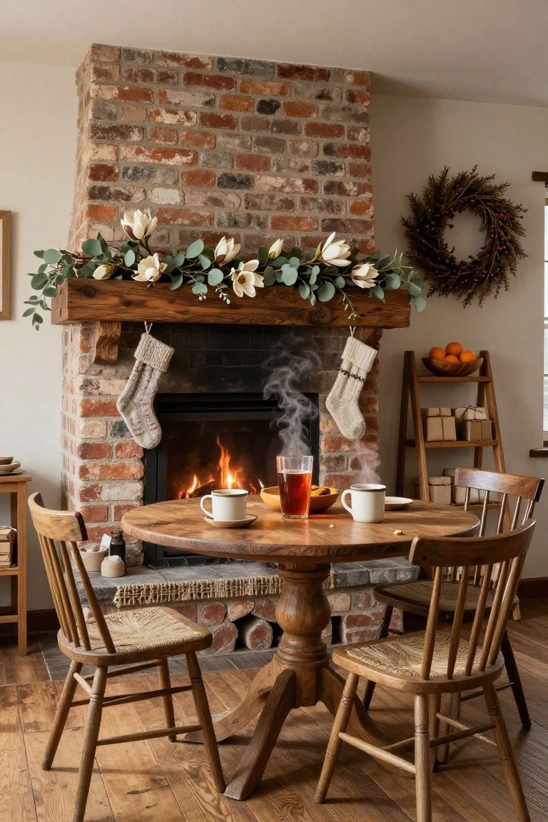 Brick fireplace with wooden mantel decorated in eucalyptus and white magnolia garland, two knit stockings hanging from one side, round wooden table with teacups and chairs in front.