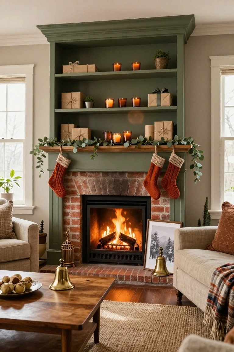 Cozy living room with green built-in shelves, brick fireplace, and stockings.