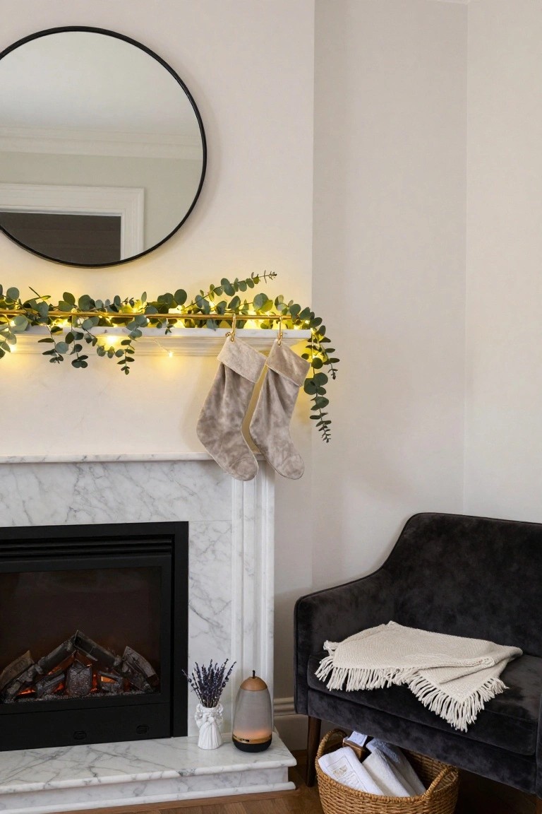 Corner of a living room with white marble fireplace, mantel holding green eucalyptus garland with white fairy lights and two beige velvet stockings, black round mirror above, dark velvet armchair with white throw beside it, and wicker basket on floor.