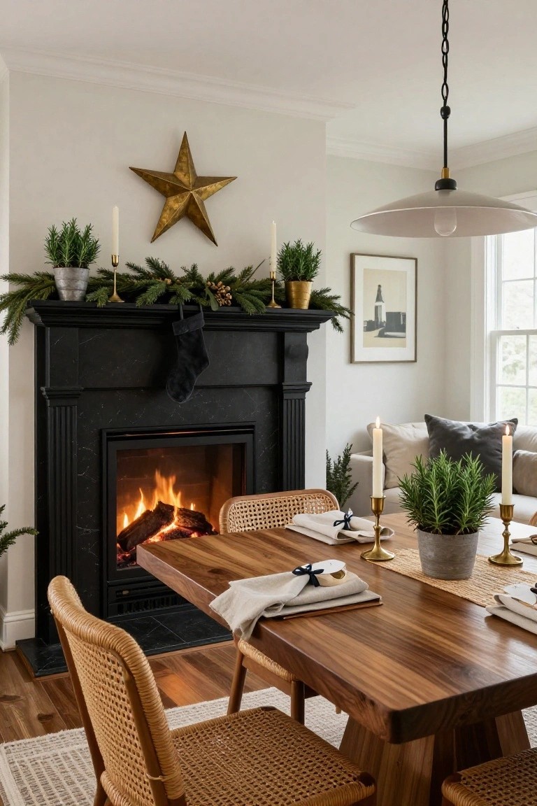 Black stone fireplace with burning logs and mantel decorated in evergreen garland, gold candlesticks, berries, black stocking, large gold star on wall above, wooden dining table with rattan chairs, linen napkins, candles, and plants in a white-walled room.