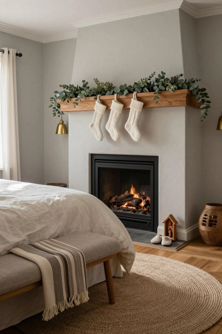 Bedroom corner with gas fireplace, wooden mantel trough filled with eucalyptus garland and three white knit stockings hanging from it, beside a white bed, gray bench with striped throw, and seagrass rug on wood floors.