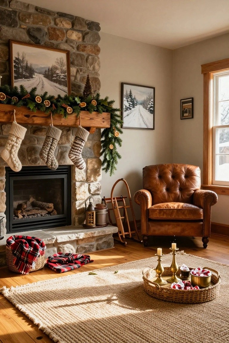 Rustic stone fireplace with Christmas garland of greenery, dried orange slices, and cinnamon sticks on the wooden mantel, three varied knit stockings hanging from it, a leather armchair nearby, wooden skis leaning against the wall, and a woven tray of candies on the floor.