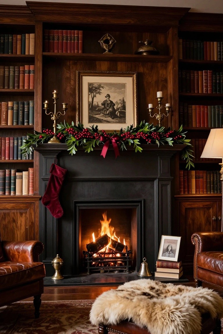 Wood-paneled library room featuring a lit black stone fireplace with holly garland, red berries, brass candelabras, red stocking, surrounding bookshelves, leather armchairs, sheepskin footstool, and small decorative items.