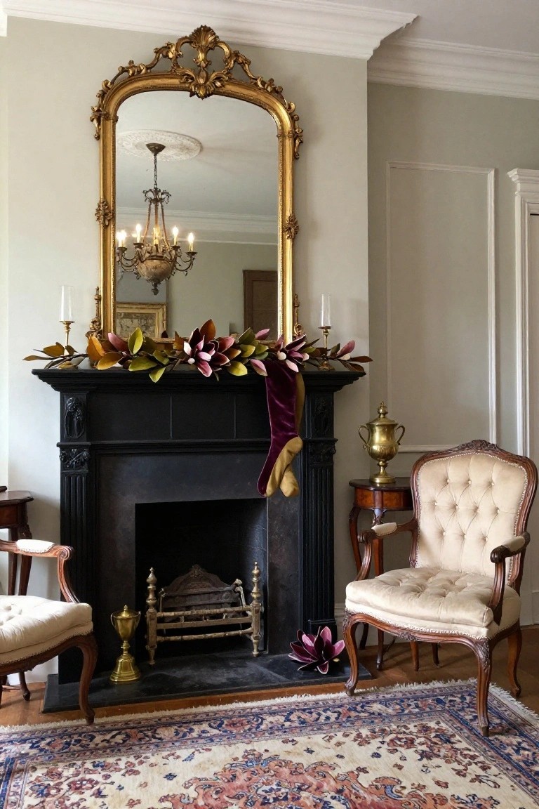 Gray-walled living room with black stone fireplace mantel decorated for Christmas by a garland of green and pinkish magnolia leaves and flowers, purple velvet stocking, gold candlesticks, large ornate gold mirror above, chandelier reflection, upholstered chairs, side table with brass urn, and Persian rug on wood floor.