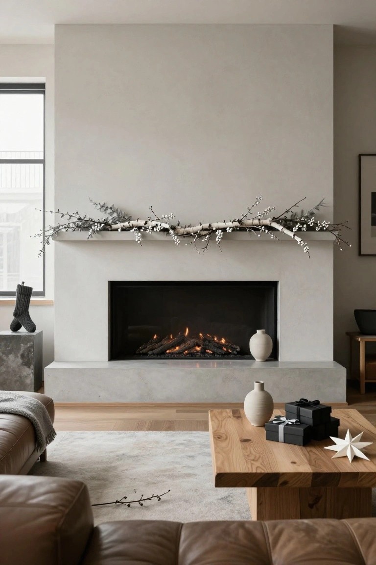 Modern living room with beige walls, concrete mantel over gas fireplace decorated with birch branches and white berries, leather sofa, wooden coffee table holding wrapped gifts and paper star, gray rug on oak floors.