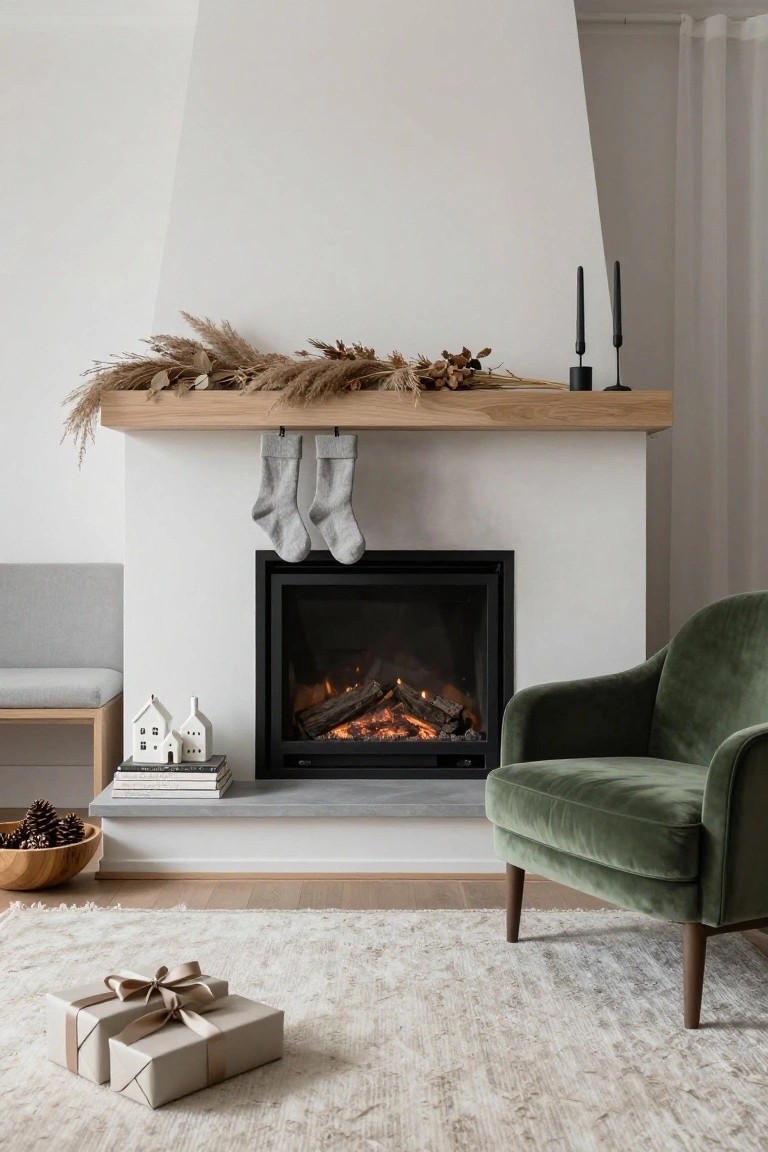 Modern fireplace with oak mantel holding pampas grass garland and dried leaves, two gray stockings hanging in front, small white ceramic houses and books nearby, gas fire burning, green velvet armchair, pinecone bowl, and two wrapped beige gifts on a white rug in a light wood floor room.