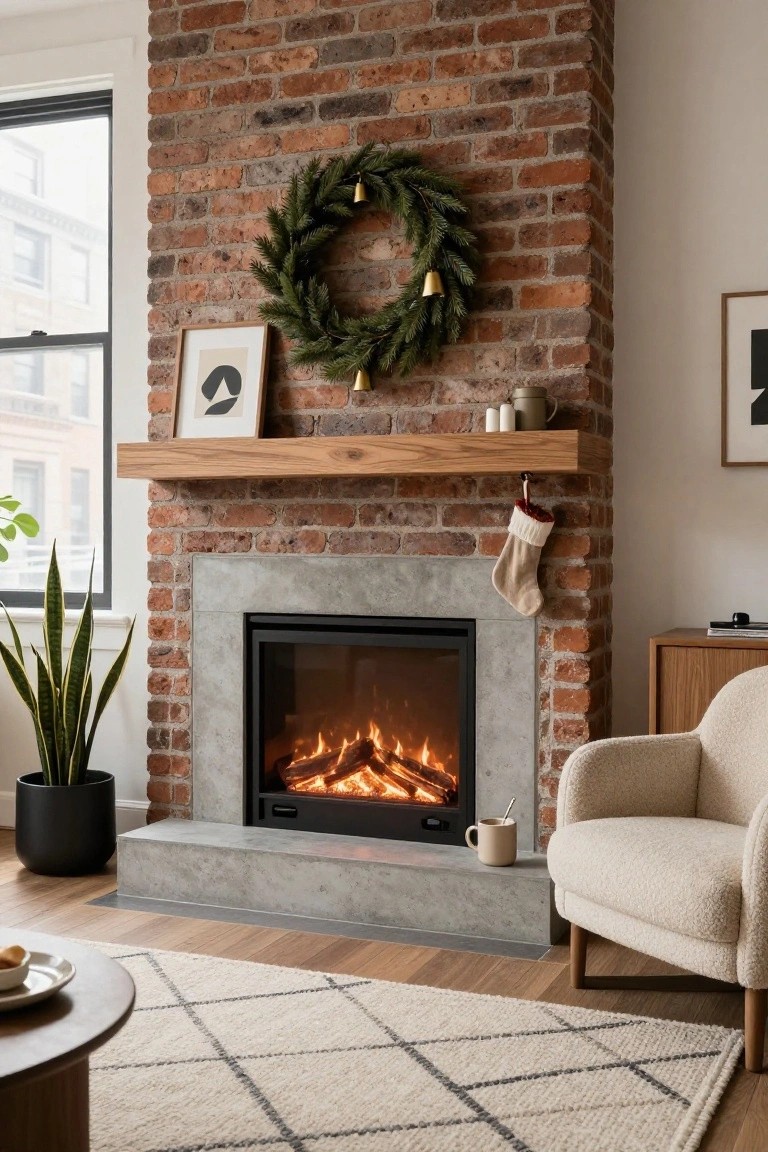 Exposed brick indoor fireplace with lit electric flames, wood mantel shelf holding candles and art, Christmas wreath and stocking on brick surround, snake plant in black pot, cream armchair, wood side table with mug, woven rug, and coffee table nearby.