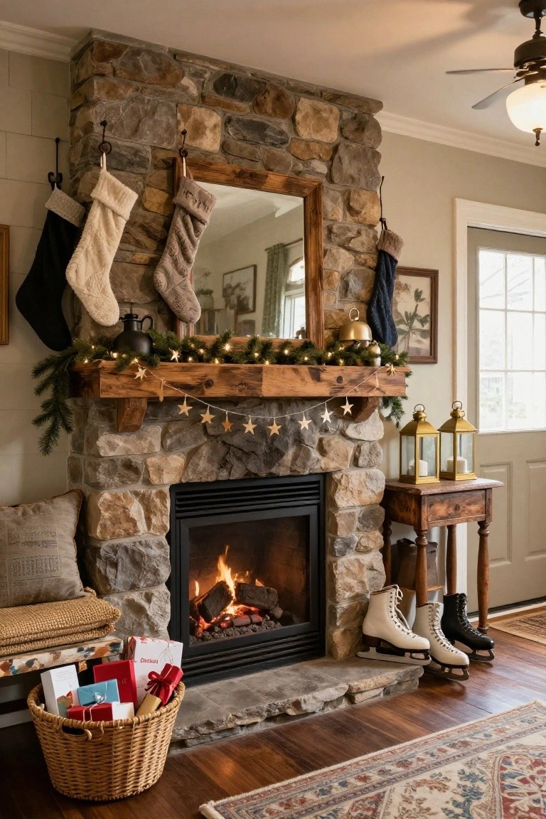 Cozy stone fireplace with stockings, garland, gifts, and ice skates.