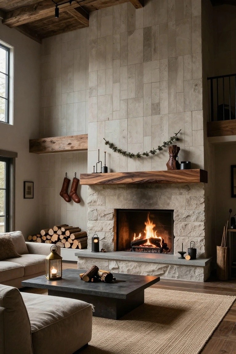 Tall stone fireplace with live-edge walnut mantel holding two large brown stockings, evergreen garland, candles, and lanterns in a light gray living room with beige sofa, wood stacks, and seagrass rug.