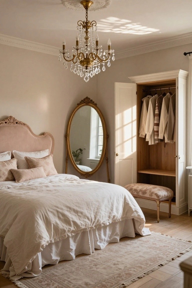 Bedroom with blush pink tufted upholstered headboard, white ruffled bedding, open white wardrobe with hanging clothes, gold crystal chandelier overhead, ornate gold oval mirror, and hardwood floors with a rug.