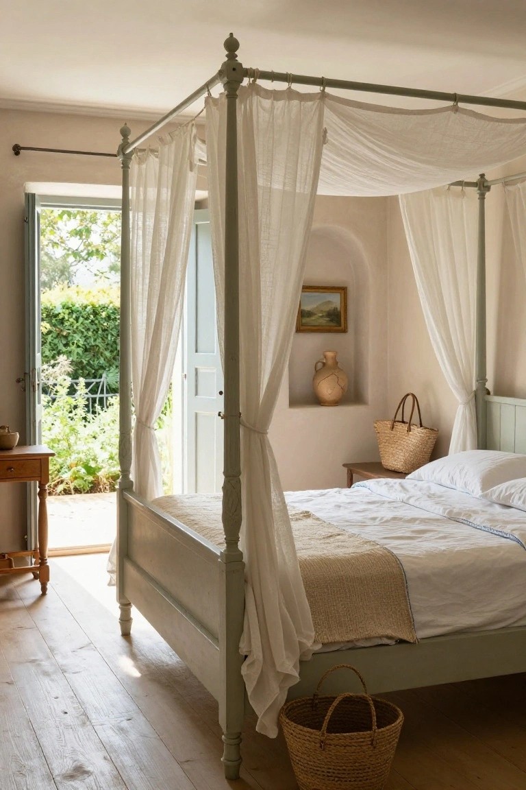 A bedroom with a pale green four-poster bed draped in sheer white curtains, open blue French doors revealing a garden, a small painting and vase on a niche wall, wooden side tables, and a woven basket on the floor.