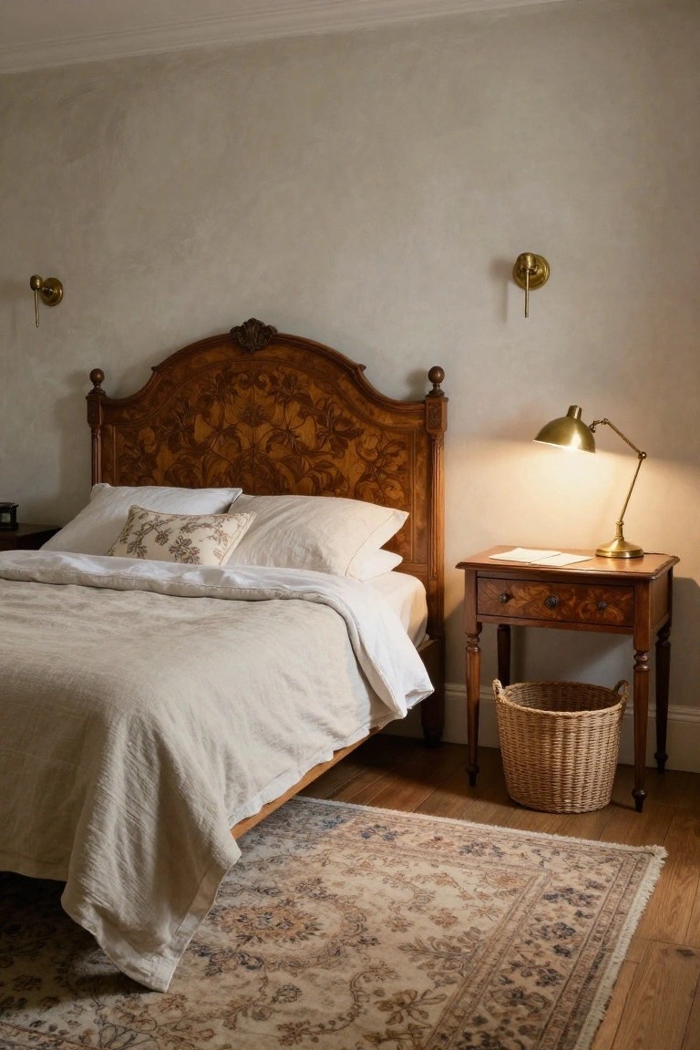 Bedroom with ornate carved wooden headboard and matching nightstand topped by brass adjustable lamp, bed dressed in white pillows and beige linen duvet cover, wicker basket on floor, beige plaster walls, wall sconces, and Persian rug on hardwood flooring.