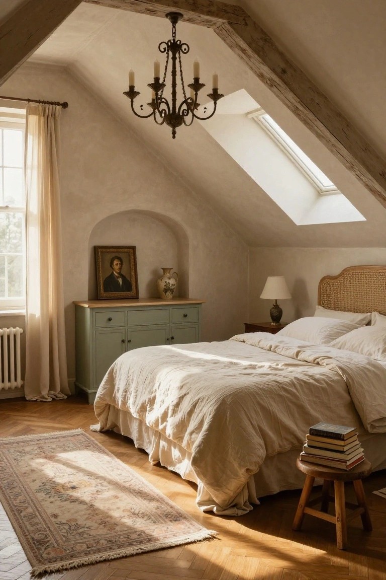 Attic bedroom with sloped ceilings and exposed wooden beams, rattan headboard on a bed with white linen bedding, sage green wooden dresser, antique portrait on plaster wall, chandelier overhead, skylights, and hardwood floors with a patterned rug.