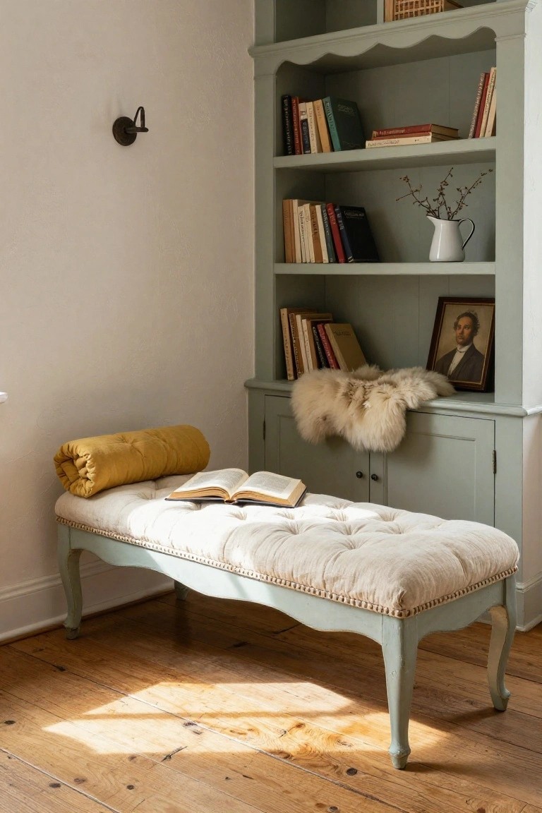 Pale green corner bookcase with books, branches in a vase, white pitcher, fur throw, and framed portrait, next to a white tufted bench with yellow bolster pillow and open book on wooden floors in a white-walled room.