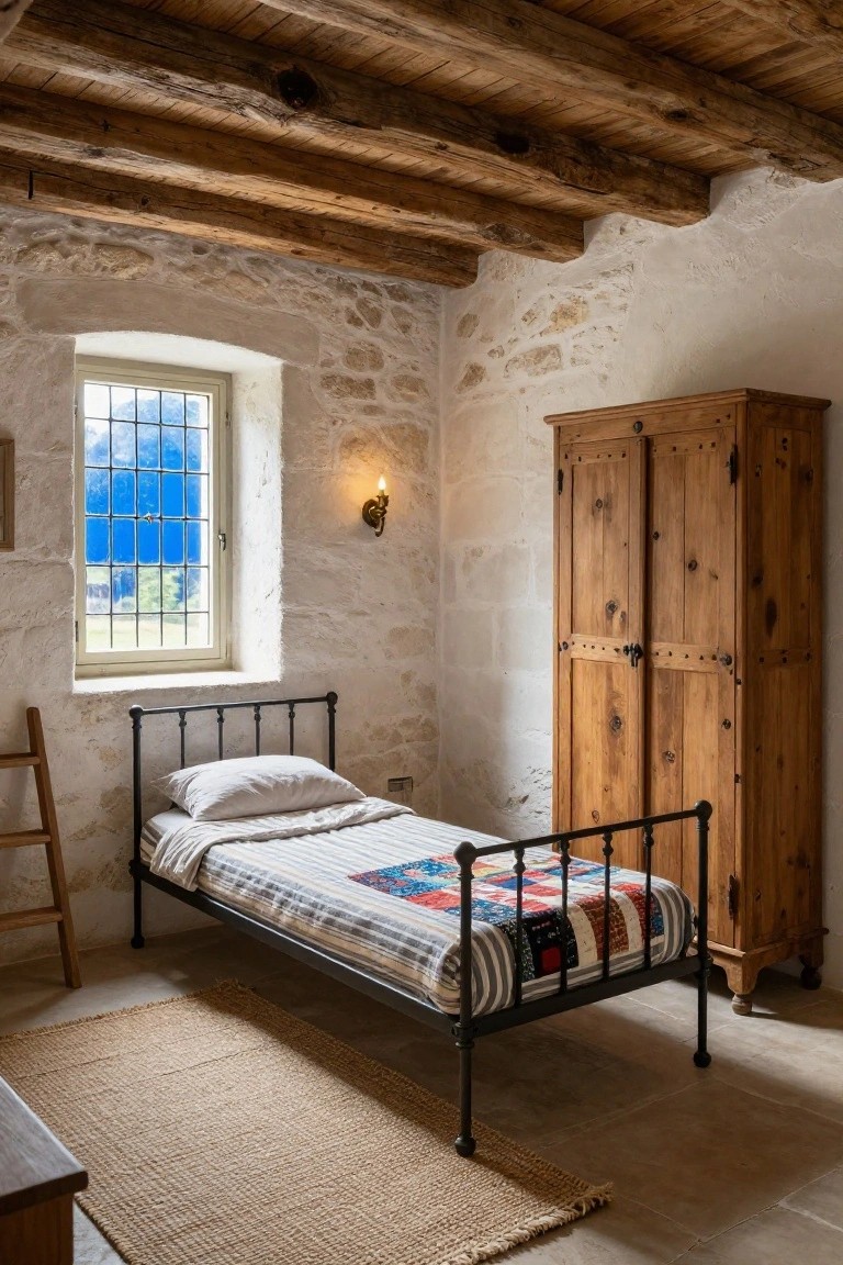 Small bedroom with exposed whitewashed stone walls, wooden beamed ceiling, single iron bed with white sheets striped quilt and patchwork throw, tall wooden armoire, ladder-back chair, seagrass rug, and arched leaded window showing blue sky and greenery.