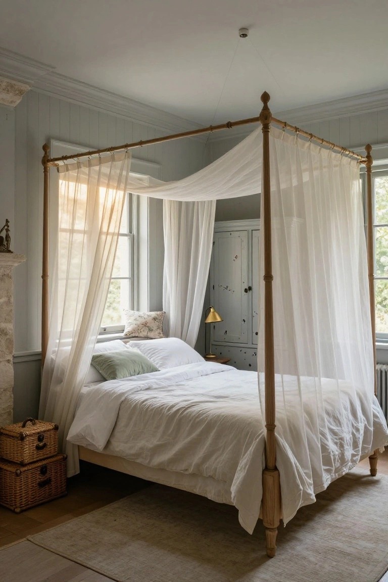 A light gray bedroom with a wooden four-poster bed draped in sheer white curtains, white bedding, pillows, a gold lamp on a side table, antique armoire, and windows letting in natural light.